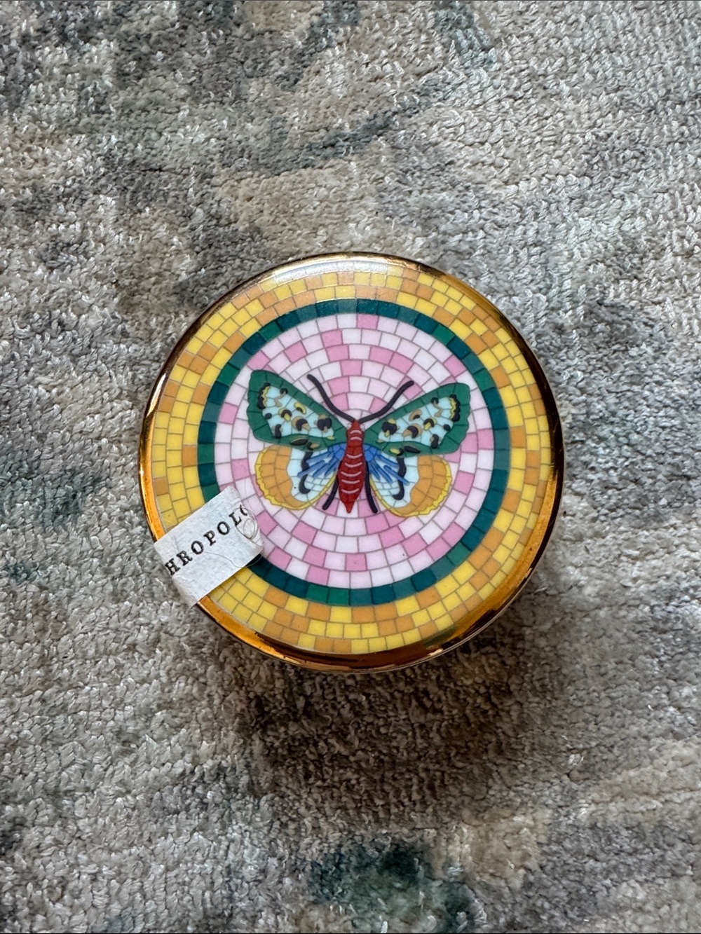 Anthropologie Round Mosaic Butterfly Box — Yellow, Pink, Green